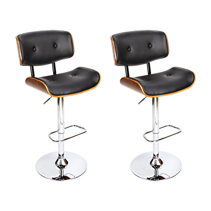Set of 2 Wooden Gas Lift Bar Stools - Black and Chrome