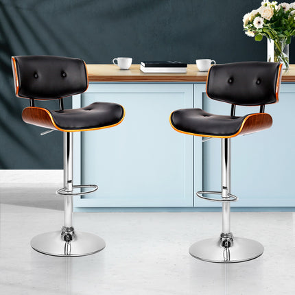 Set of 2 Wooden Gas Lift Bar Stools - Black and Chrome