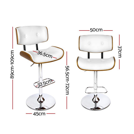 Set of 2 Wooden Gas Lift Bar Stool - White and Chrome