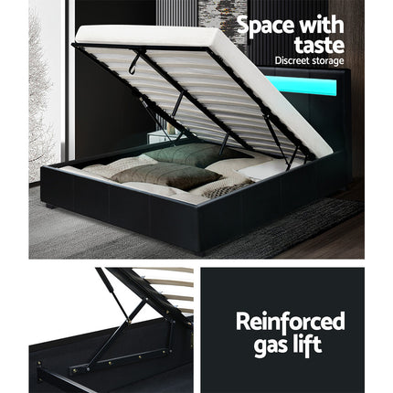 Cole LED Bed Frame PU Leather Gas Lift Storage - Black Double