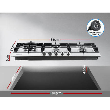 Gas Cooktop 90cm Kitchen Stove Cooker 5 Burner Stainless Steel NG/LPG Silver