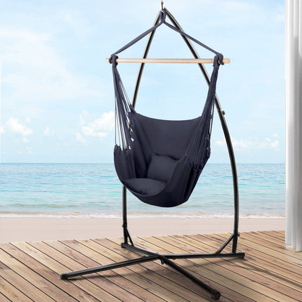 Outdoor Hammock Chair with Steel Stand Hanging Hammock with Pillow Grey