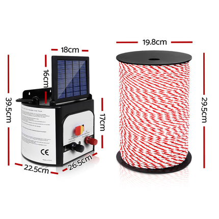 Electric Fence Energiser 8km Solar Powered Charger + 500m Polytape Rope