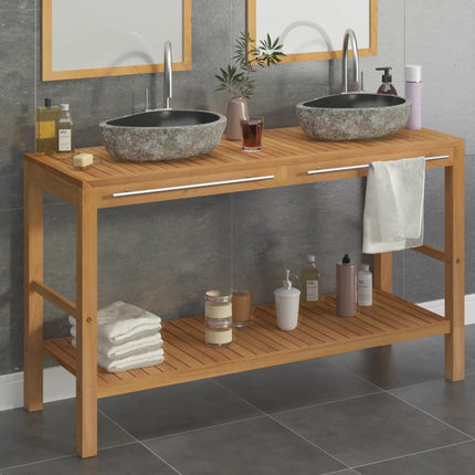 vidaXL Bathroom Vanity Cabinet Solid Teak with Riverstone Sinks