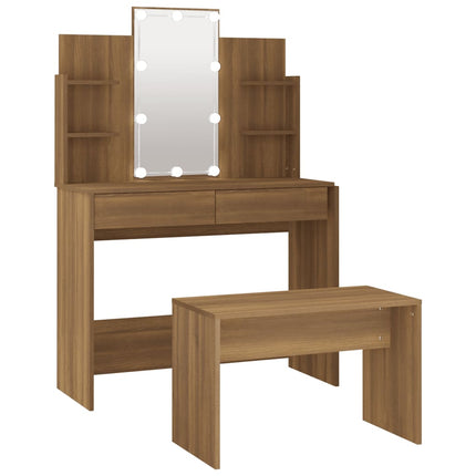Dressing Table Set with LED Brown Oak Engineered Wood