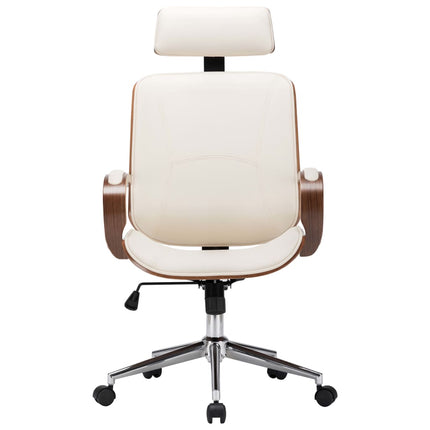 Swivel Office Chair with Headrest Cream Faux Leather and Bentwood