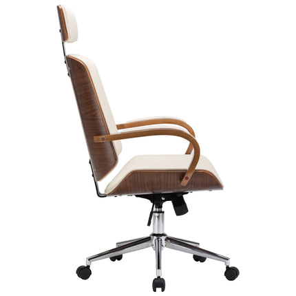 Swivel Office Chair with Headrest Cream Faux Leather and Bentwood