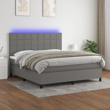 vidaXL Box Spring Bed with Mattress&LED Dark Grey 152x203 cm Queen Fabric