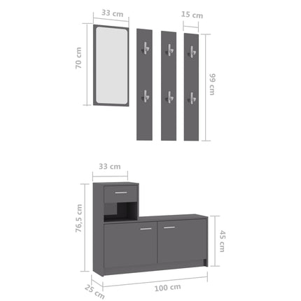 vidaXL Hallway Unit High Gloss Grey 100x25x76.5 cm Chipboard
