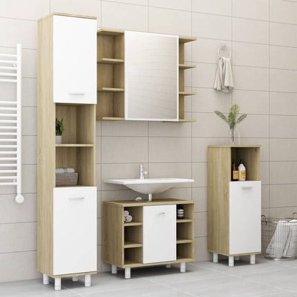 3 Piece Bathroom Furniture Set White and Sonoma Oak Engineered Wood
