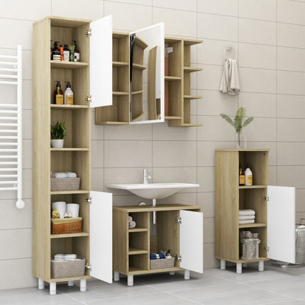 3 Piece Bathroom Furniture Set White and Sonoma Oak Engineered Wood