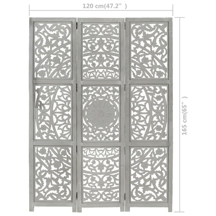 vidaXL Hand carved 3-Panel Room Divider Grey 120x165 cm Solid Mango Wood