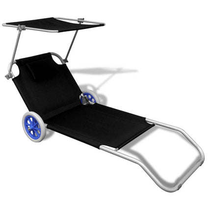 vidaXL Folding Sun Lounger with Canopy and Wheels Aluminium Black