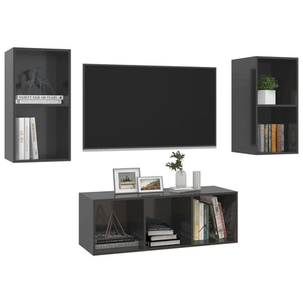 vidaXL 3 Piece TV Cabinet Set High Gloss Grey Chipboard