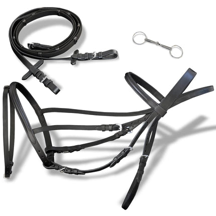 vidaXL Leather Flash Bridle with Reins and Bit Black Full