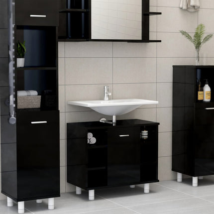 vidaXL 3 Piece Bathroom Furniture Set High Gloss Black Chipboard