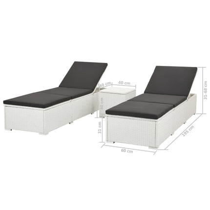 vidaXL Sun Loungers 2 pcs with Table Poly Rattan White