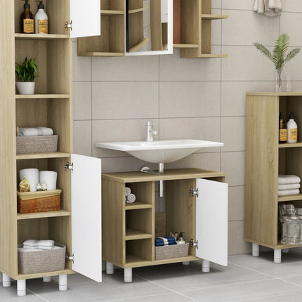 4 Piece Bathroom Furniture Set White and Sonoma Oak Engineered Wood