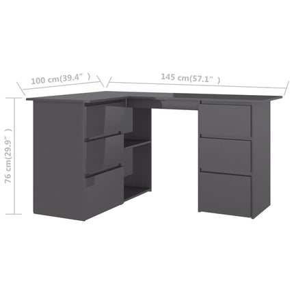 vidaXL Corner Desk High Gloss Rrey 145x100x76 cm Chipboard