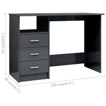 vidaXL Desk with Drawers High Gloss Grey 43.3"x19.7"x29.9" Engineered Wood