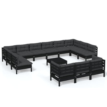 14 Piece Garden Lounge Set with Cushions Black Pinewood