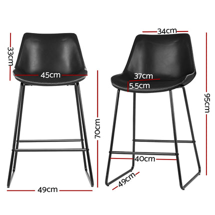 Set of 2 Bar Stools Kitchen Metal Bar Stool Dining Chairs PU Leather Black
