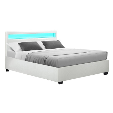 Cole LED Bed Frame PU Leather Gas Lift Storage - White Double