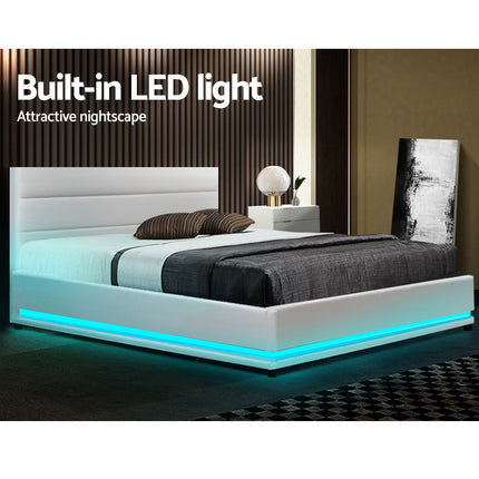 Lumi LED Bed Frame PU Leather Gas Lift Storage - White Double