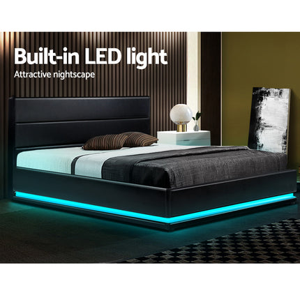 Lumi LED Bed Frame PU Leather Gas Lift Storage - Black King