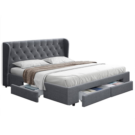 Bed Frame Queen Size Base With Storage Drawers Charcoal Fabric Mila Collection