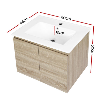 Vanity Unit Basin Cabinet Storage Bathroom Wall Mounted Ceramic 600mm Oak