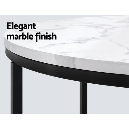 Coffee Table Marble Effect Side Tables Bedside Round Black Metal 70X70CM