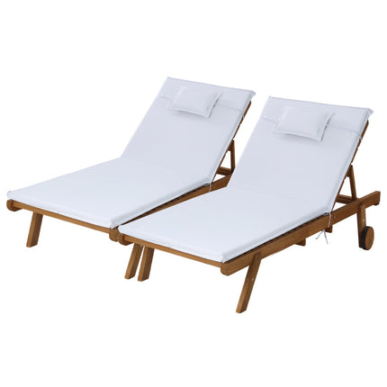 2pc Sun Lounge Wooden Lounger Outdoor Furniture Day Bed Wheel Patio White