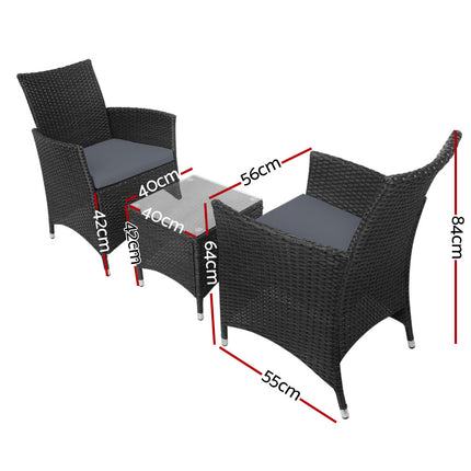 3 Piece Wicker Outdoor Furniture Set - Black