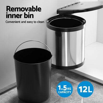 Kitchen Swing Out Pull Out Bin Stainless Steel Garbage Rubbish Can 12L