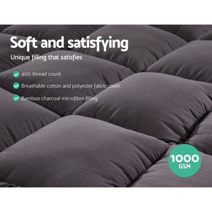 Single Mattress Topper Pillowtop 1000GSM Charcoal Microfibre Bamboo Fibre Filling Protector