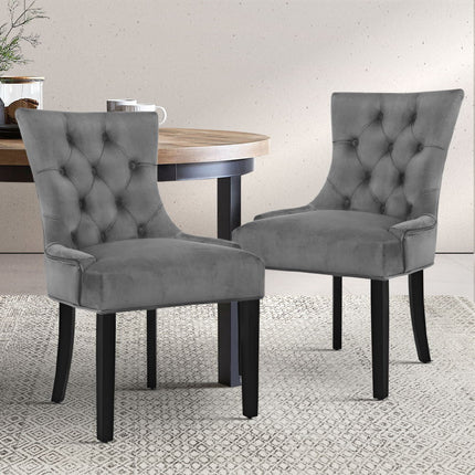 Set of 2 Dining Chairs French Provincial Retro Chair Wooden Velvet Fabric Grey
